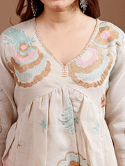 Beige colour linen multi thread embroidery flared tunic with trouser coord set