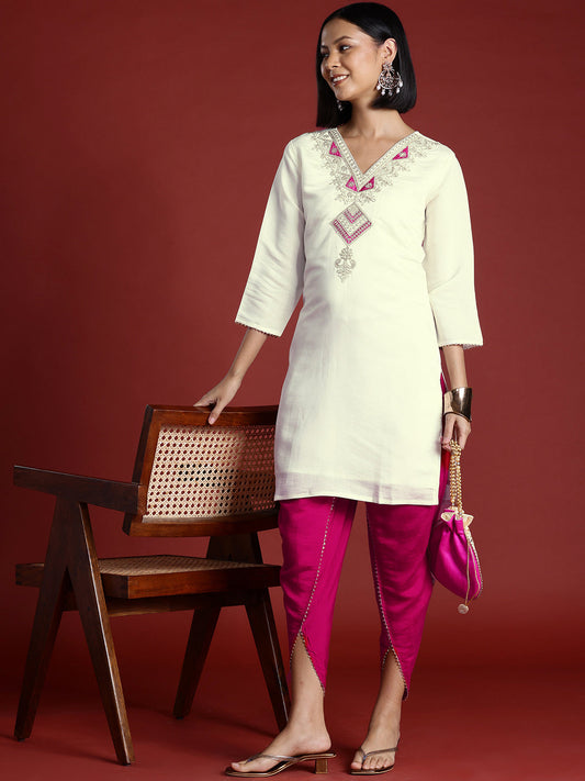 Tikhi Imli - Off White & Magenta Silk Blend Contrast Embroidered Tunic With Dhoti Co-ord Set