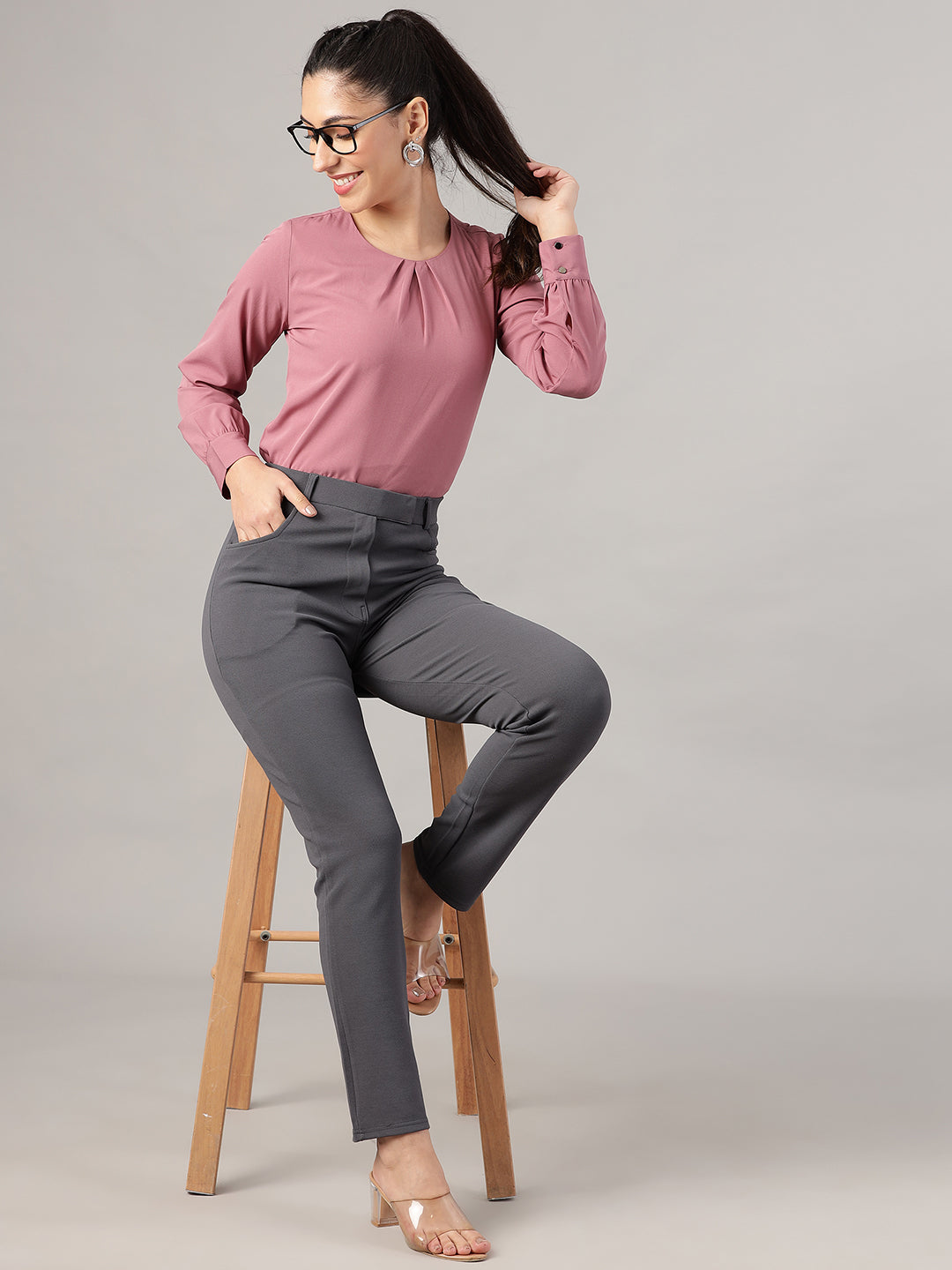 womens work straight high rise wrinkle free formal beige trousers