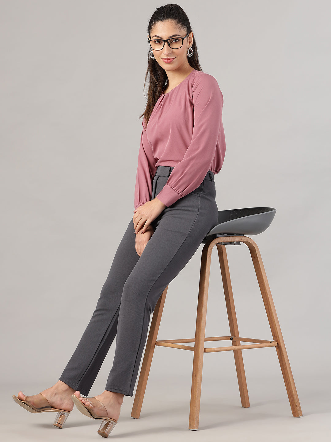 womens work straight high rise wrinkle free formal beige trousers