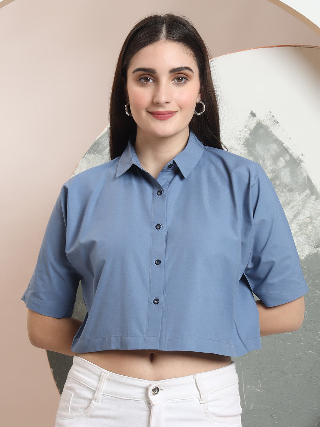 spread collar raglan sleeves regular fit casual crop shirt 3