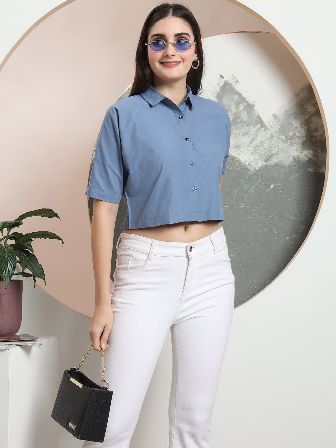 spread collar raglan sleeves regular fit casual crop shirt 3