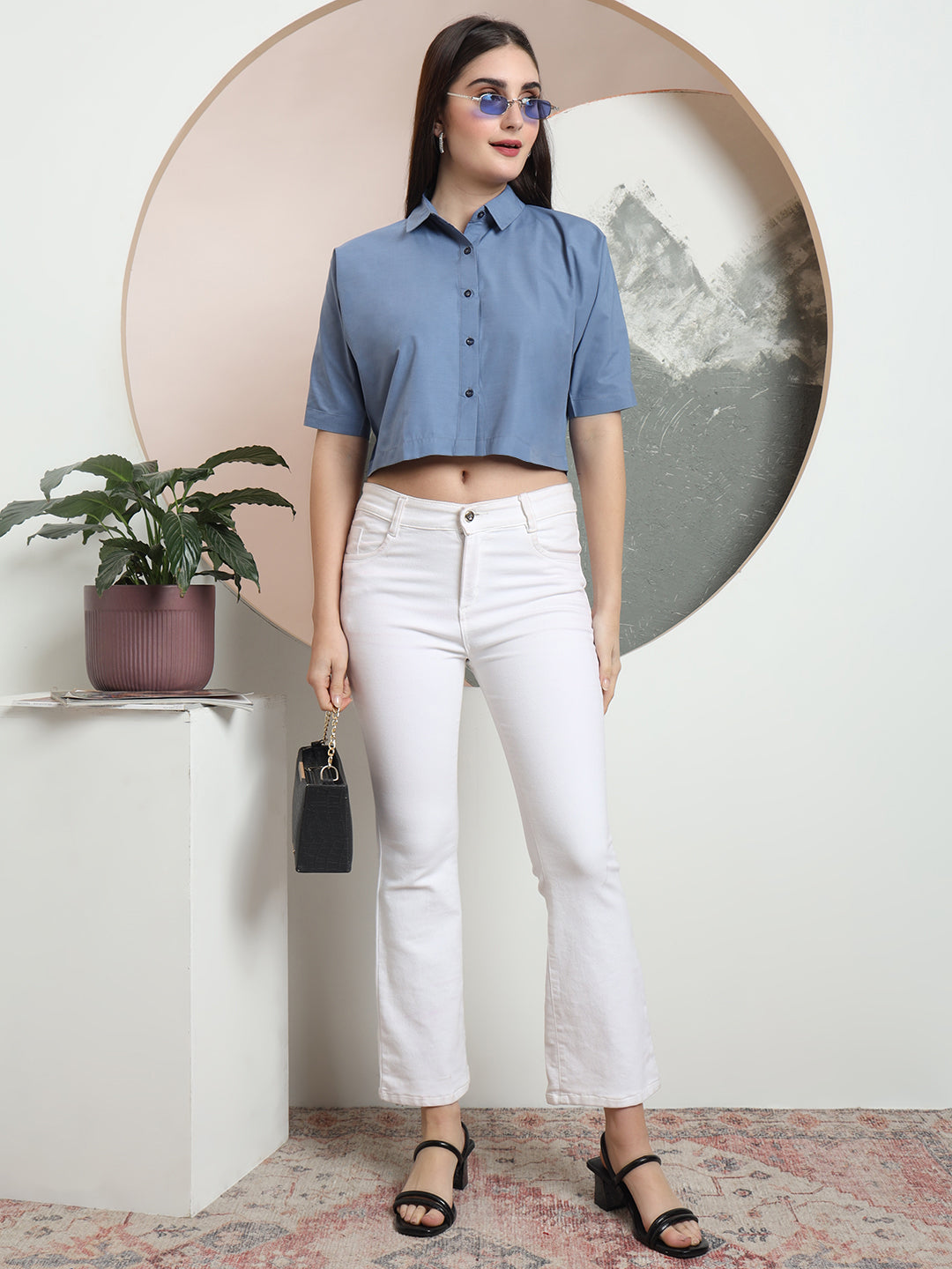 spread collar raglan sleeves regular fit casual crop shirt 3