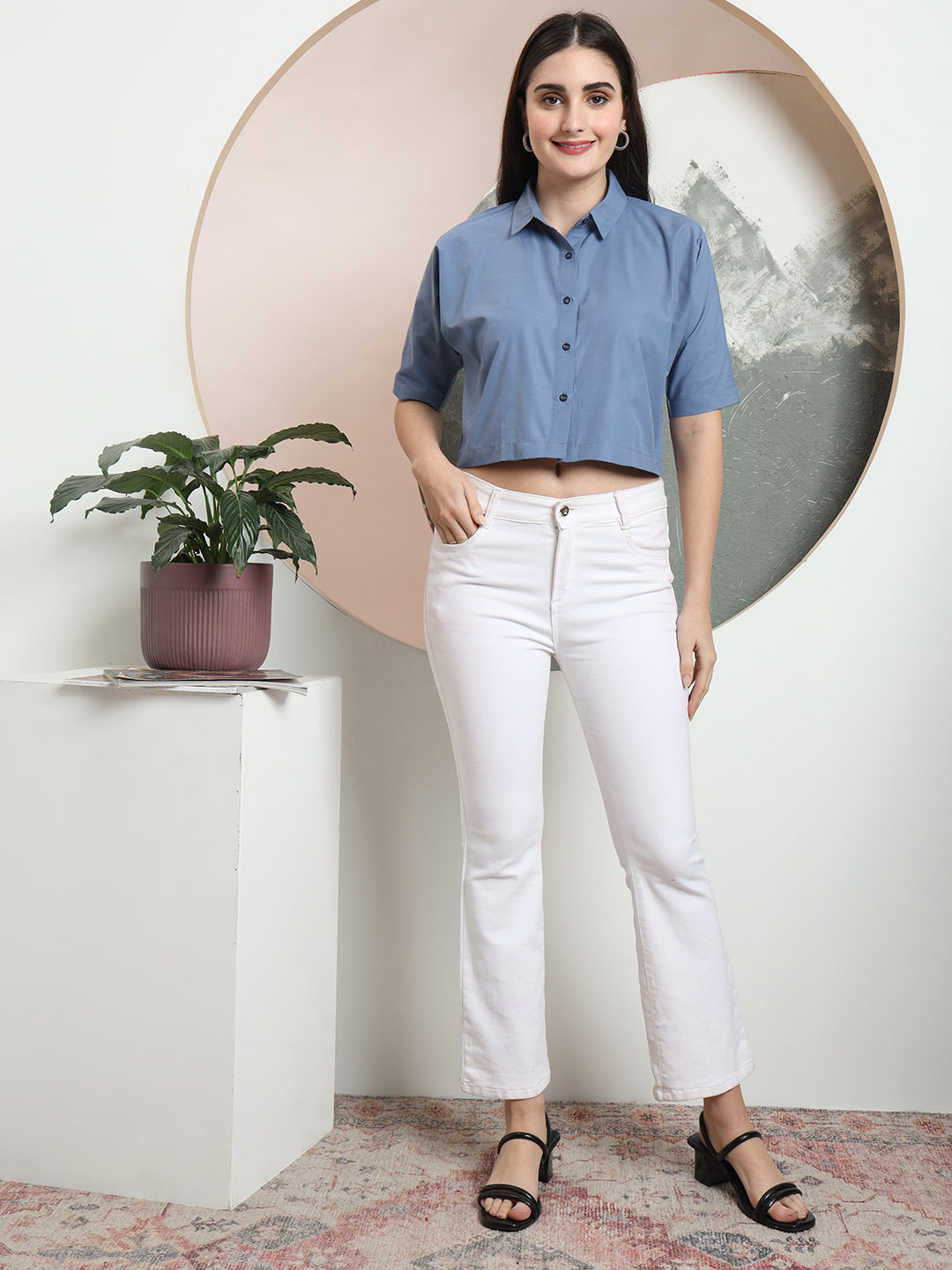 spread collar raglan sleeves regular fit casual crop shirt 3