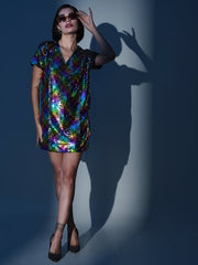Sassafras - Women Black Multi-Sequin V-Neck T-shirt Dress