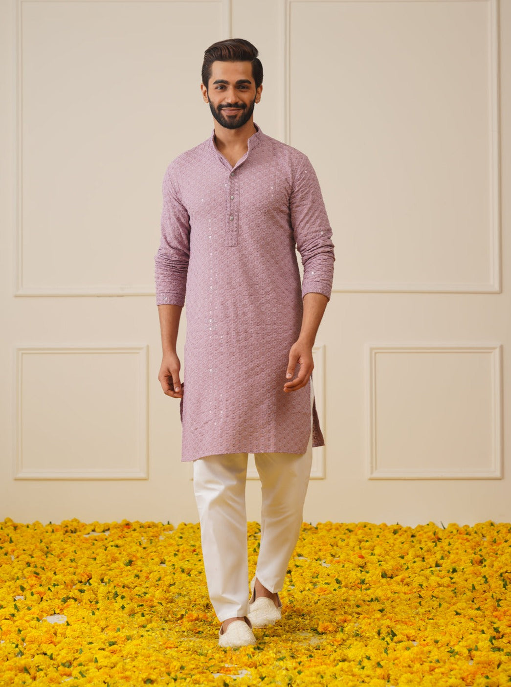 Men Purple Chikankari Embroidered And Sequence Kurta With Churidar