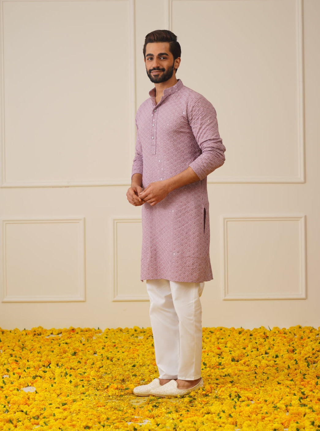 Men Purple Chikankari Embroidered And Sequence Kurta With Churidar