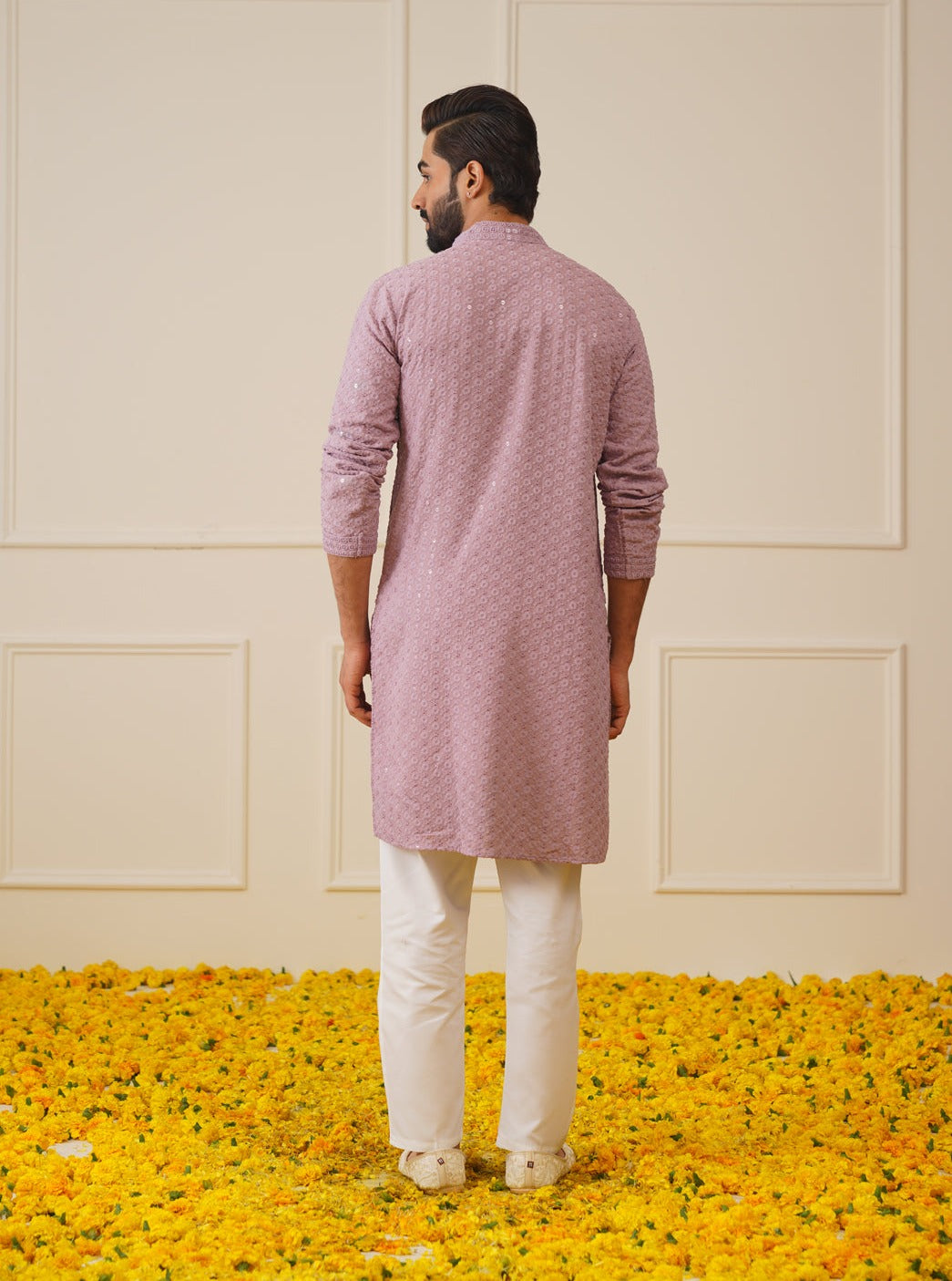 Men Purple Chikankari Embroidered And Sequence Kurta With Churidar