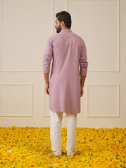 Men Purple Chikankari Embroidered and Sequence Kurta with Churidar