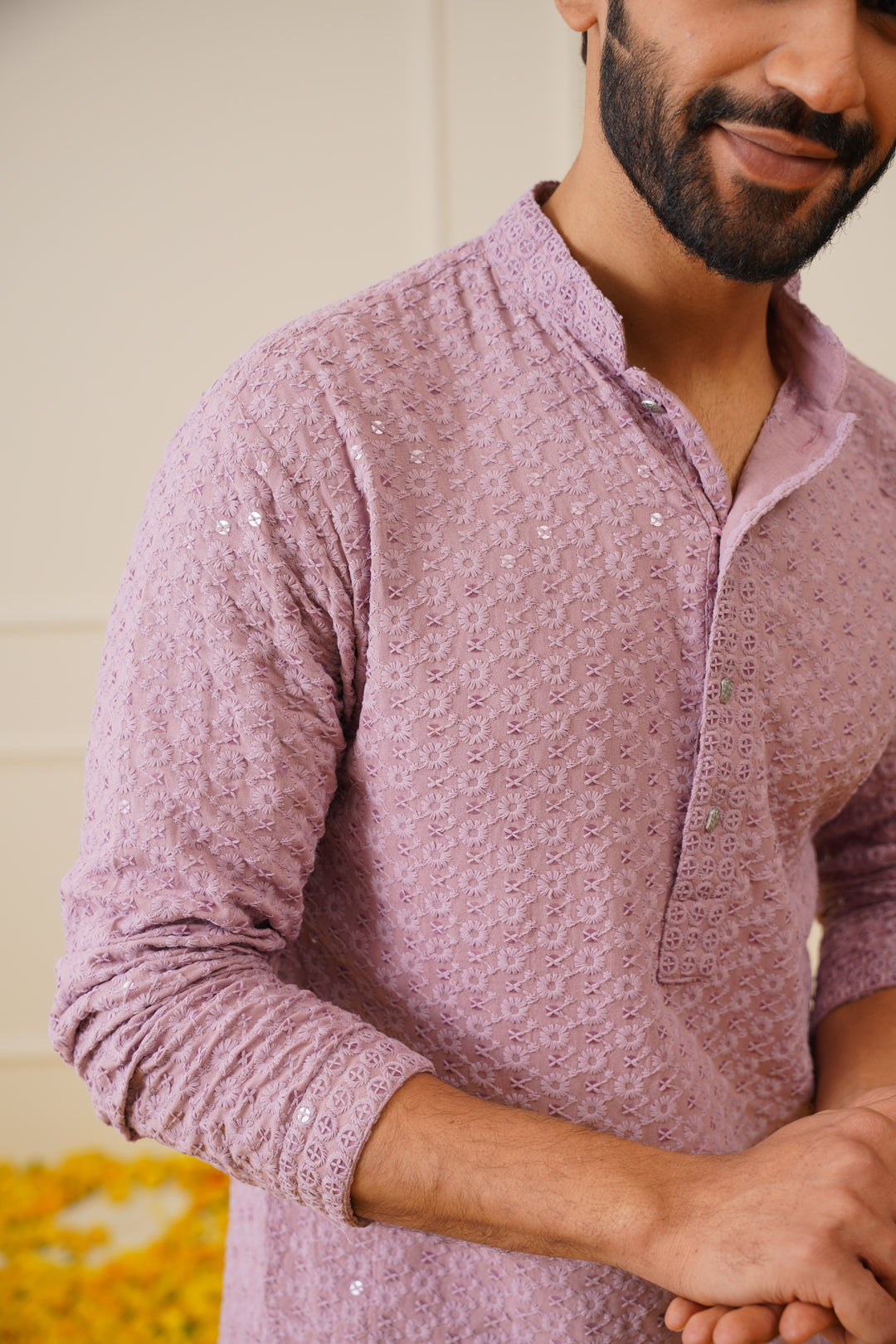 Men Purple Chikankari Embroidered And Sequence Kurta With Churidar