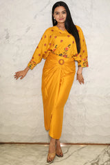 Mush - Mustard Yellow Floral Printed Pure Muslin Batwing Loose Top with Yellow Modal Silk Wrap Round Skirt with Buckle