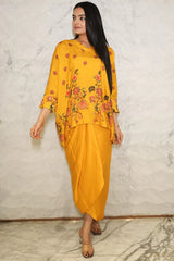 Mush - Mustard Yellow Floral Printed Pure Muslin Batwing Loose Top with Yellow Modal Silk Wrap Round Skirt with Buckle