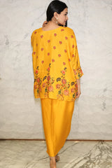 Mush - Mustard Yellow Floral Printed Pure Muslin Batwing Loose Top with Yellow Modal Silk Wrap Round Skirt with Buckle
