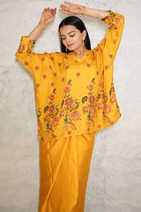 Mush - Mustard Yellow Floral Printed Pure Muslin Batwing Loose Top with Yellow Modal Silk Wrap Round Skirt with Buckle