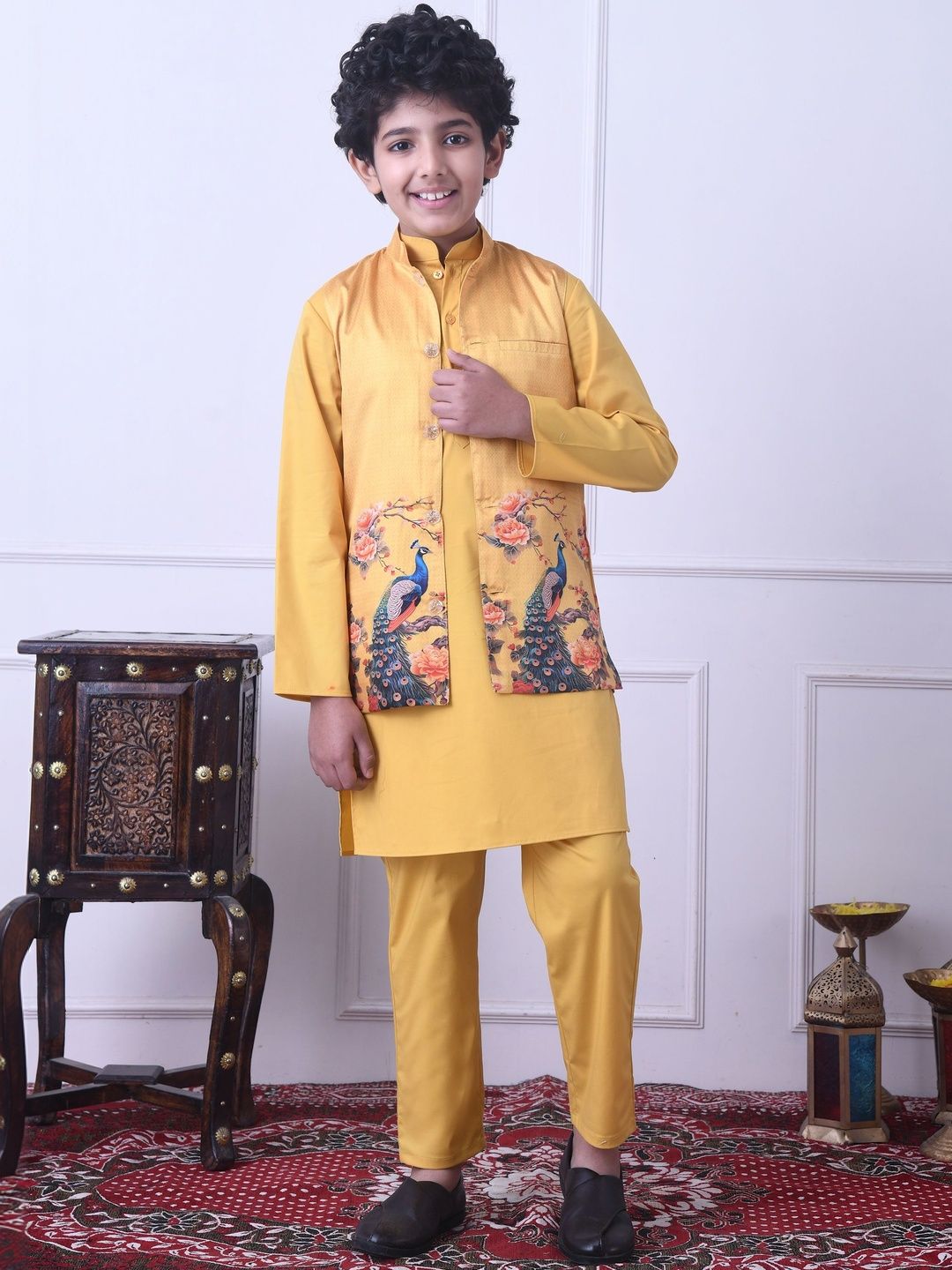 Indi Loom Couture Boys Mustard Yellow Printed Kurta Jacket with Pyjama Set ILBKSJ10