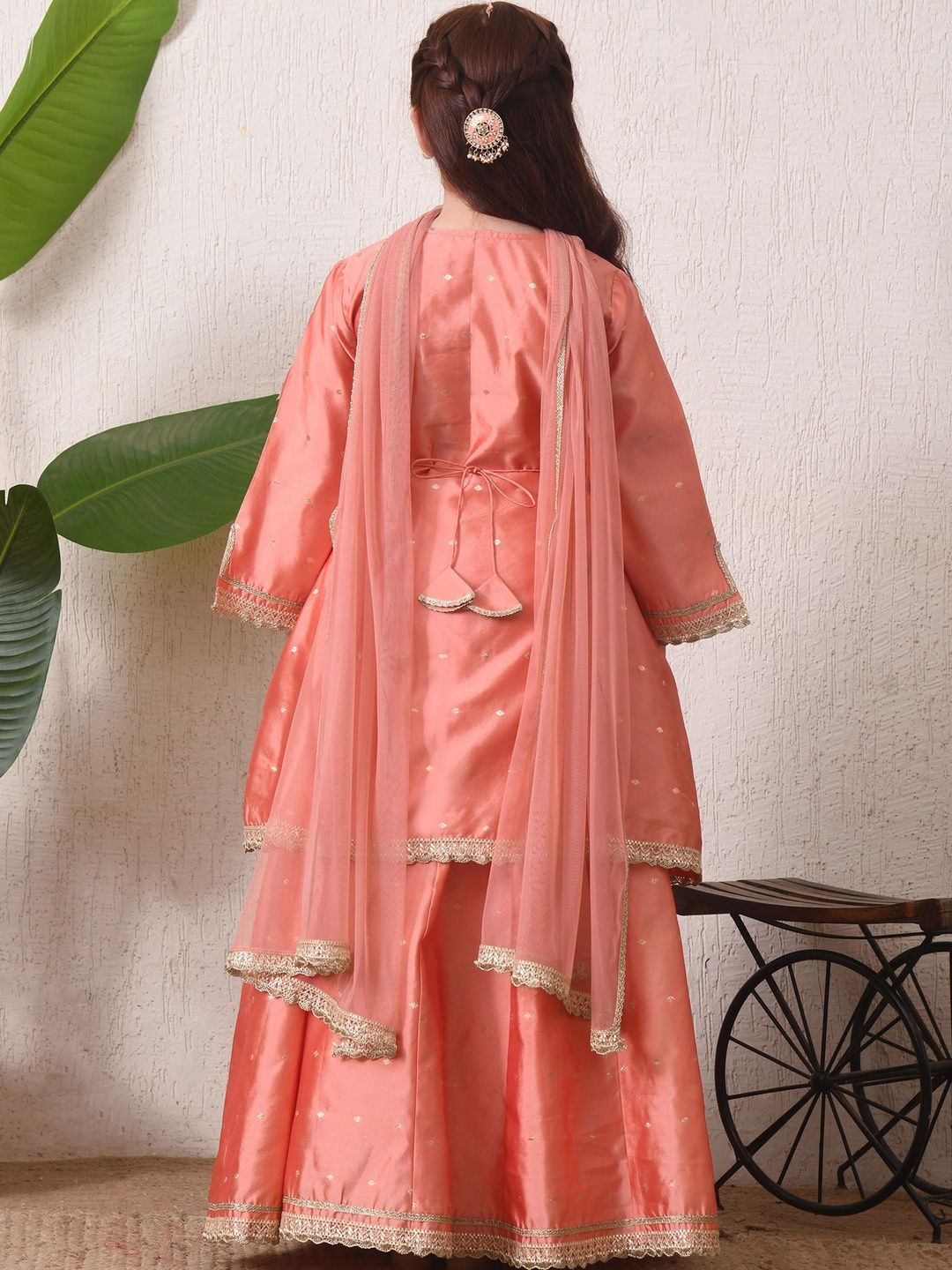 Indi Loom Couture Girls Peach Booti Kurta with Skirt & Dupatta Set ILLCD43