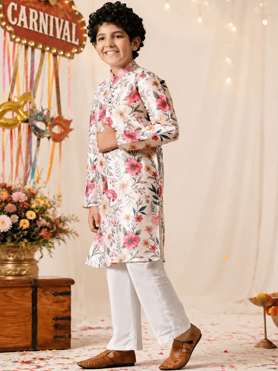 Indi Loom Couture Boys Cream Floral Printed Ethnic Kurta with White Pajama Set ILBKS31