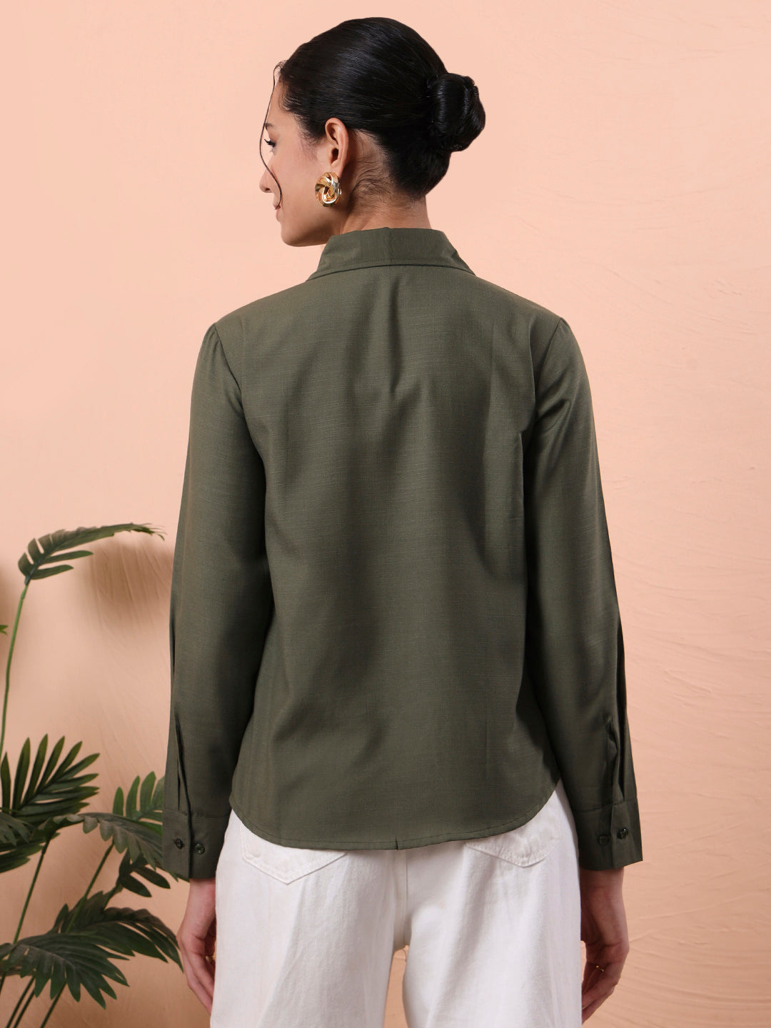 womens olive green solid embroidered cotton shirt with floral detailing