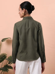 womens olive green solid embroidered cotton shirt with floral detailing