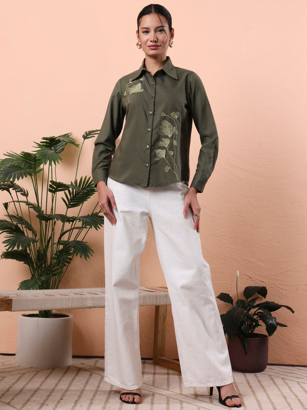 womens olive green solid embroidered cotton shirt with floral detailing