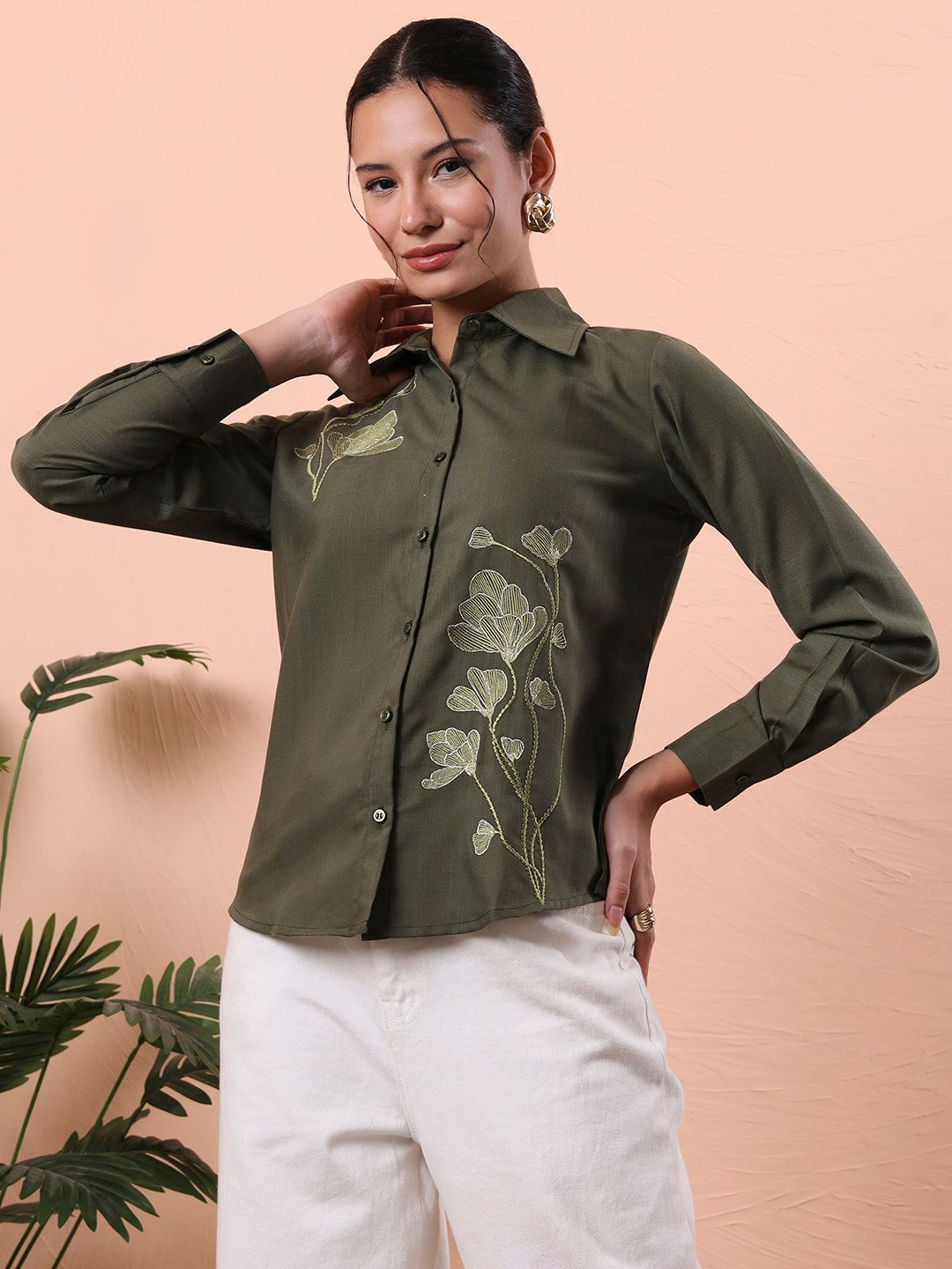 womens olive green solid embroidered cotton shirt with floral detailing