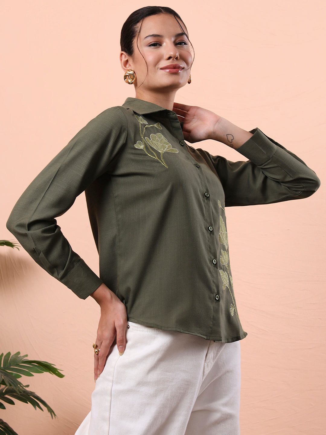 womens olive green solid embroidered cotton shirt with floral detailing