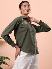 womens olive green solid embroidered cotton shirt with floral detailing