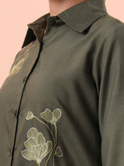 womens olive green solid embroidered cotton shirt with floral detailing