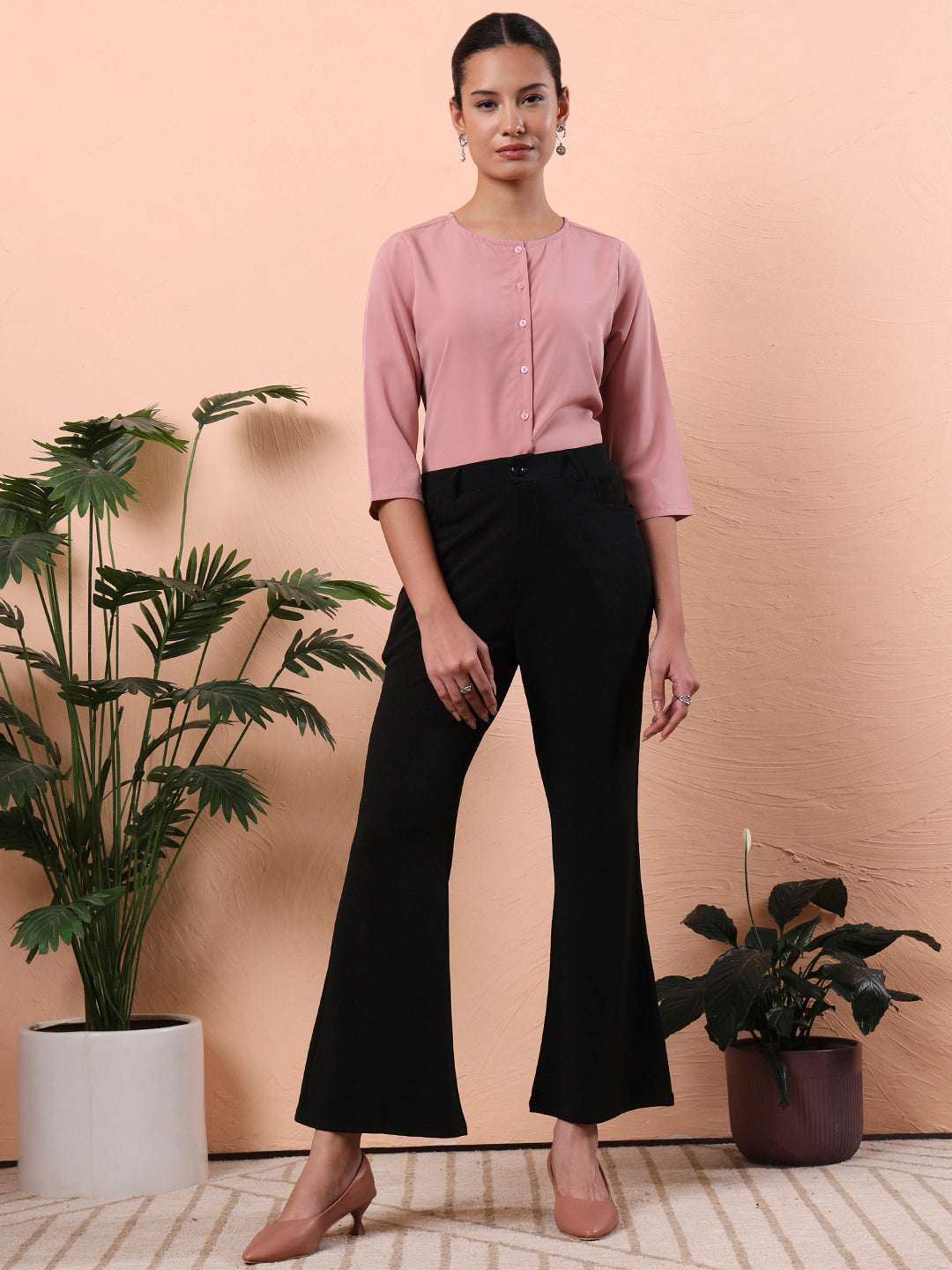 women smart mandarin collar solid polyester shirt