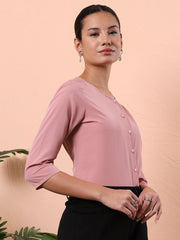 women smart mandarin collar solid polyester shirt