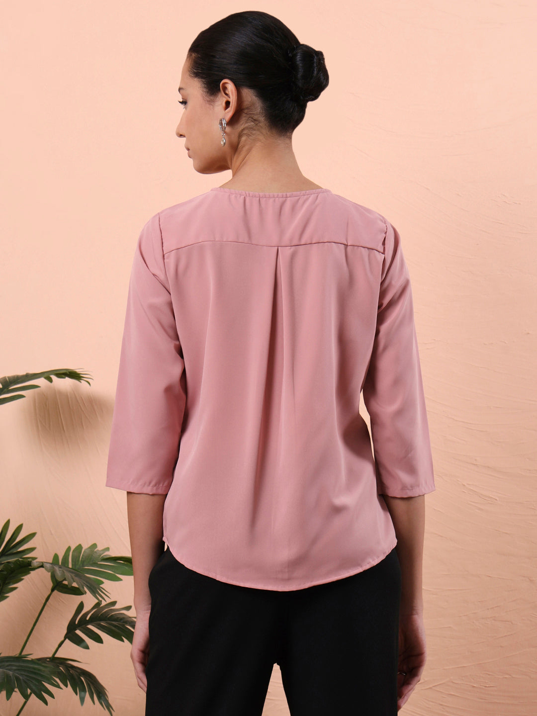 women smart mandarin collar solid polyester shirt