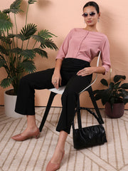 women smart mandarin collar solid polyester shirt