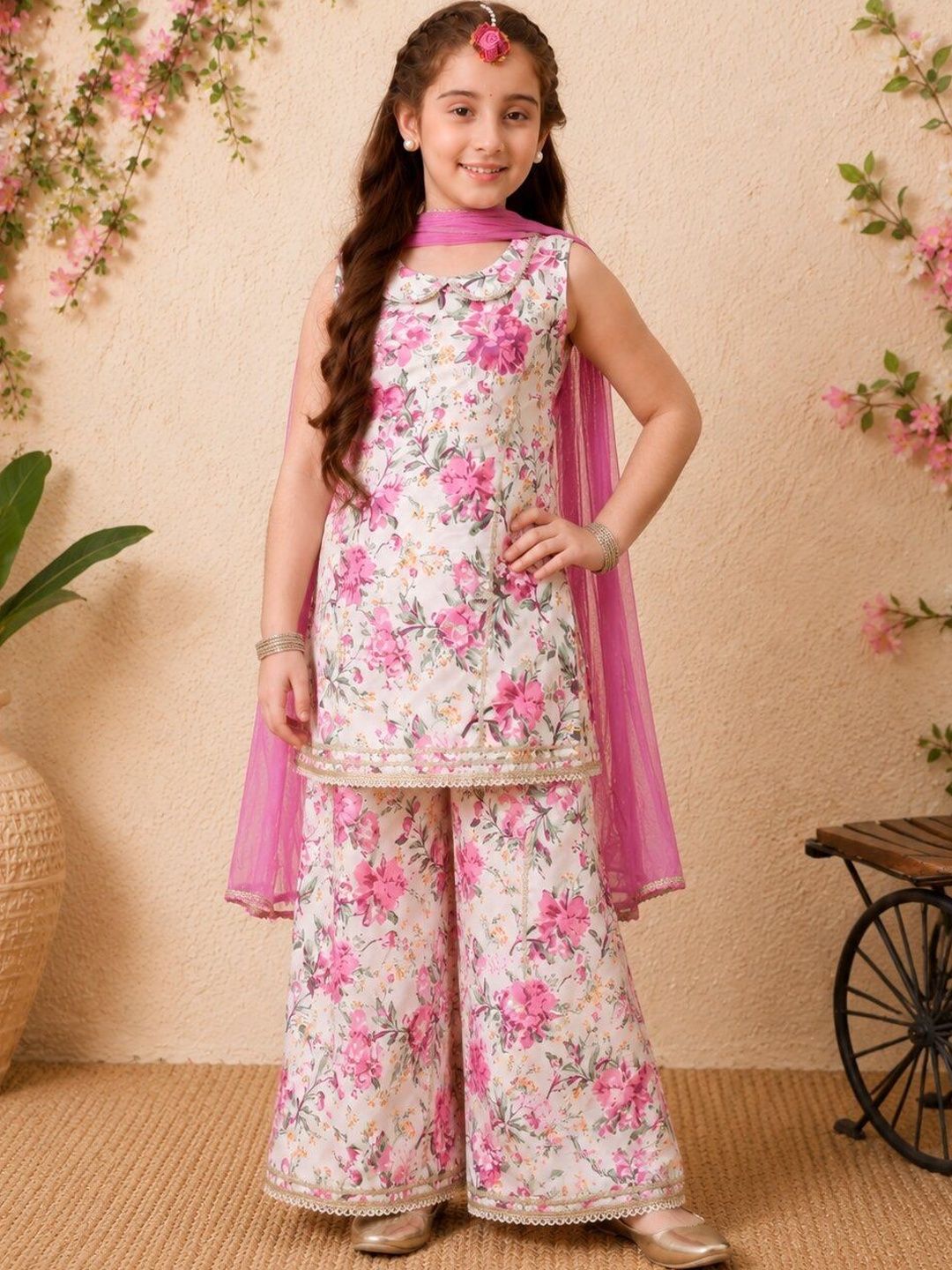 Girls White & Pink Floral Printed Kurta with Sharara and Dupatta Set ILKSD64