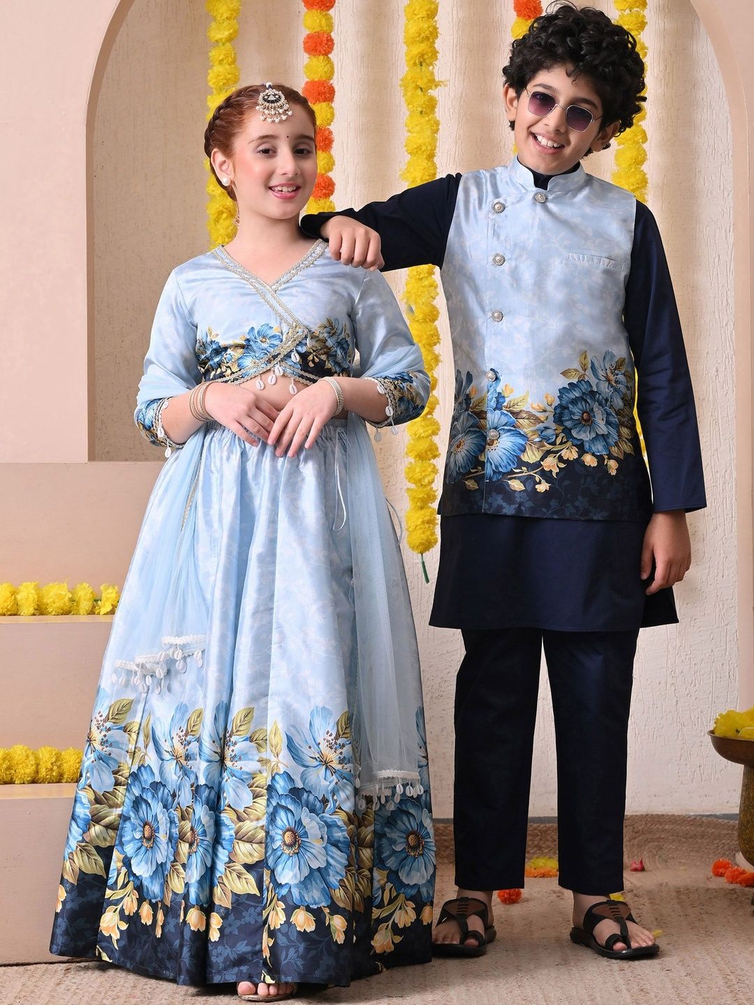 Indi Loom Couture Boys Navy Blue Kurta with Floral Printed Jacket & Pyjama Set ILBKSJ25