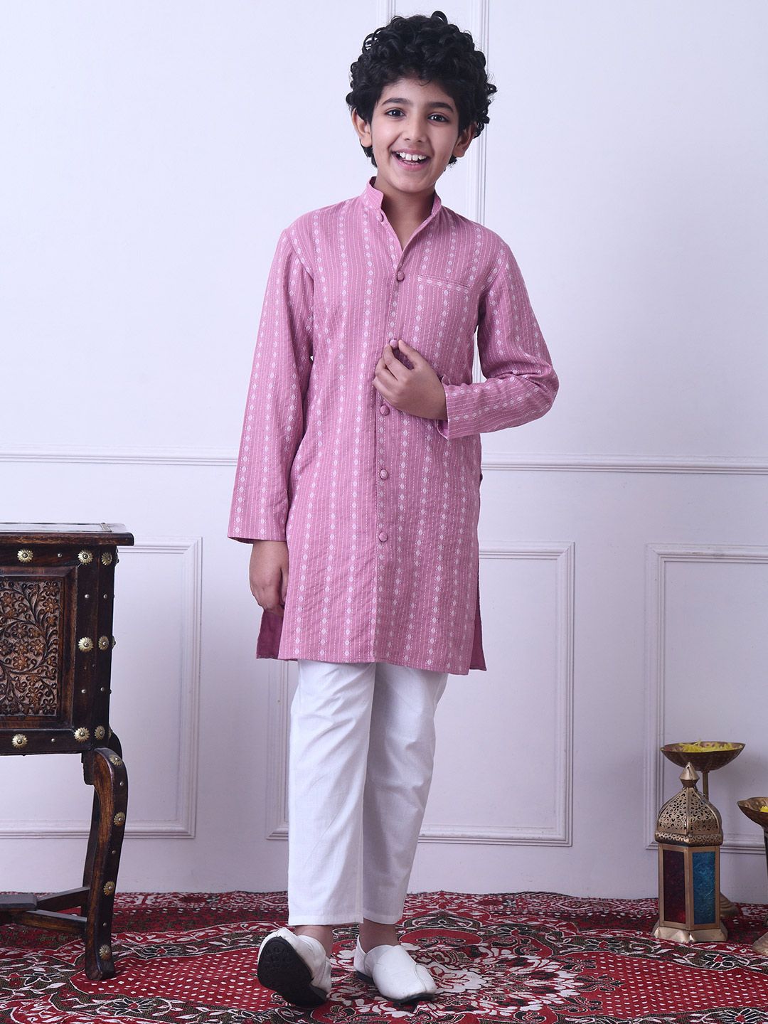 Indi Loom Couture Boys Pink Striped Ethnic Kurta with White Pajama Set ILBKS12