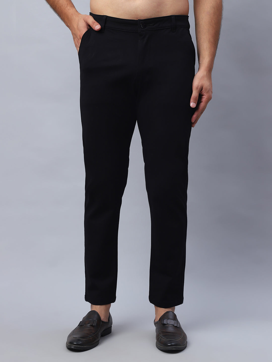 Tapered Fit Solid Trousers For Men