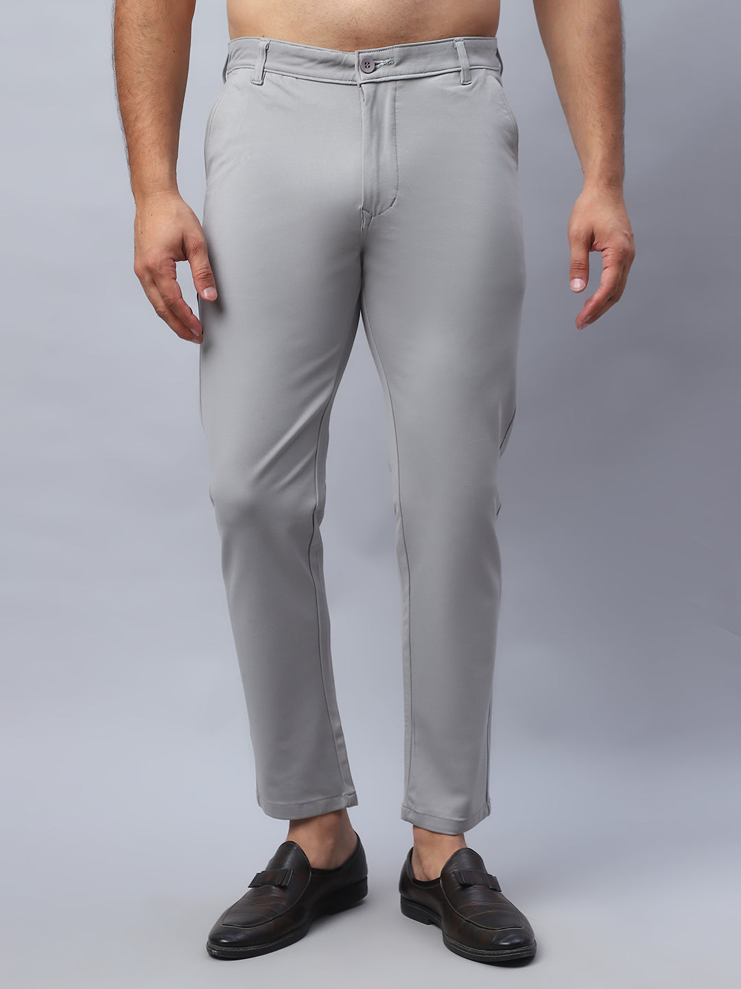 Tapered Fit  Solid Trousers For Men ( FGP 279Light-Grey )
