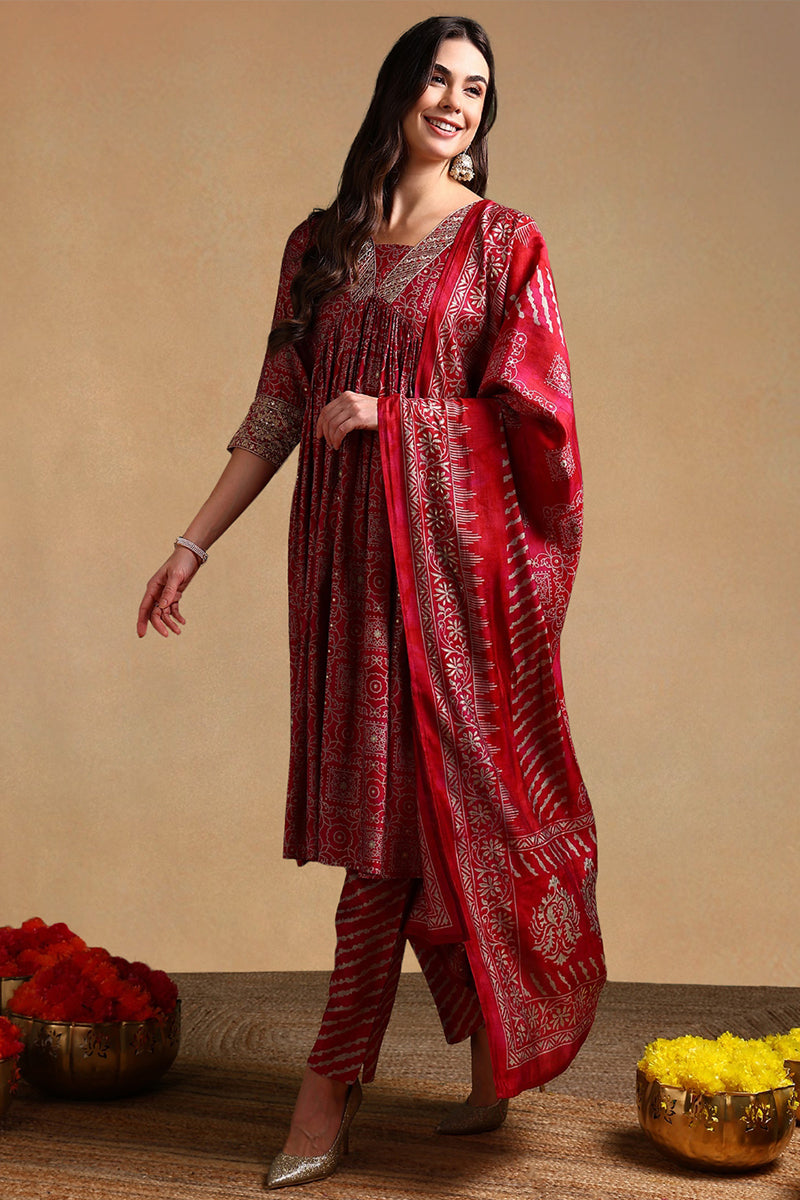 maroon polyester ethnic motifs printed flared suit set 