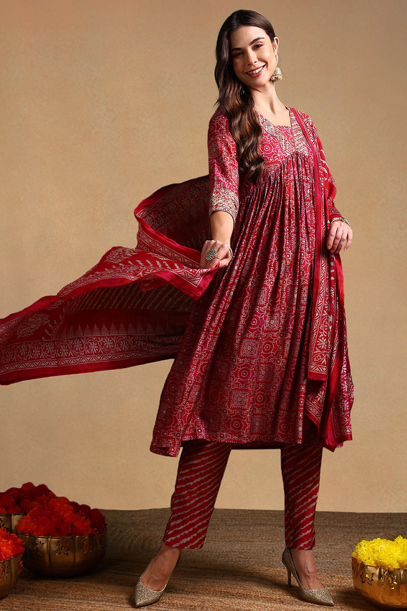 maroon polyester ethnic motifs printed flared suit set 