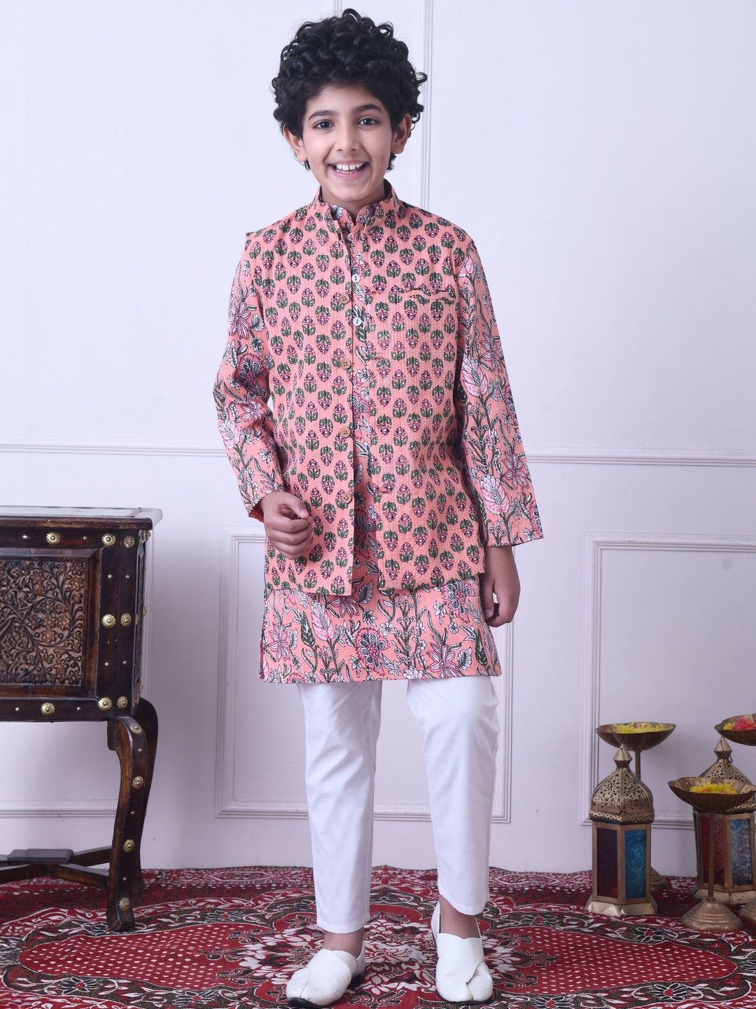 Indi Loom Couture Boys Peach Printed Cotton Kurta with white Pajama and Jacket Set ILBKSJ05