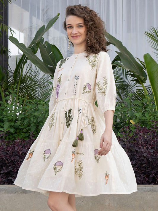 Zummer Off White Embroidered Puff Sleeve Short Dress