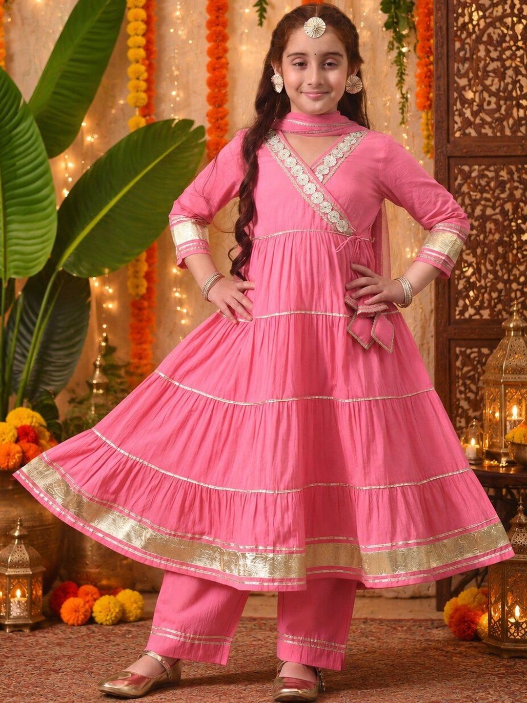 Girls Pink Tiered Anarkali Kurta Set with Dupatta ILKSD72