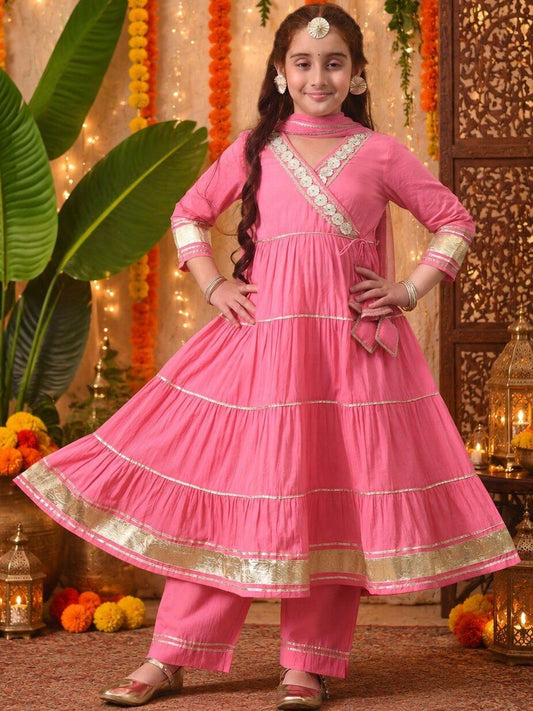 Girls Pink Tiered Anarkali Kurta Set with Dupatta ILKSD72