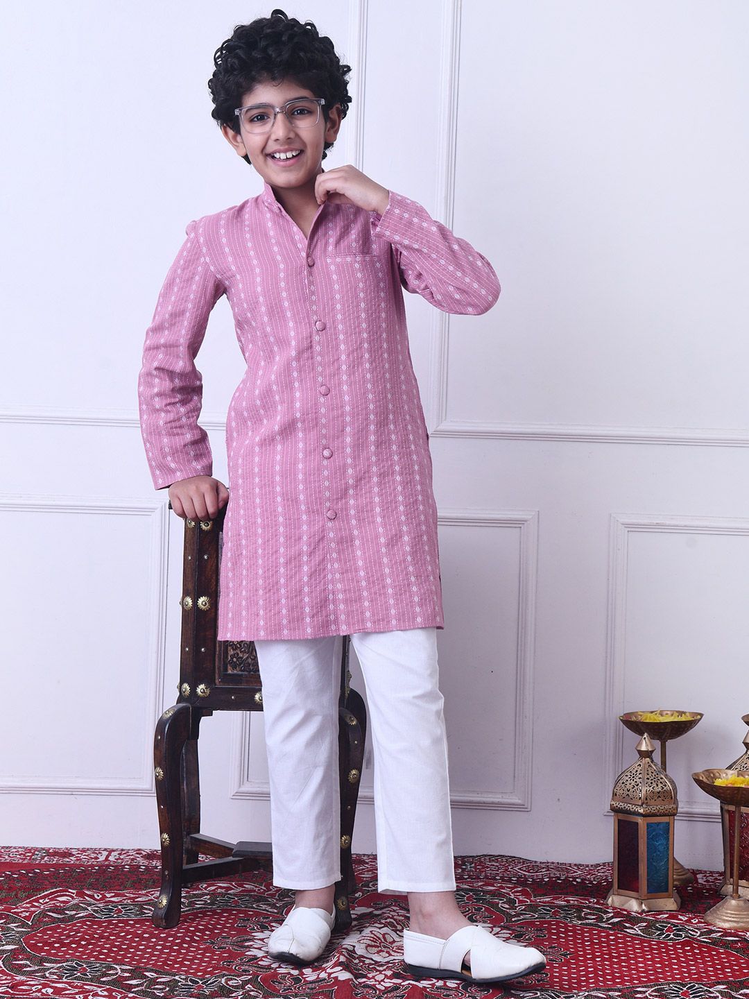 Indi Loom Couture Boys Pink Striped Ethnic Kurta with White Pajama Set ILBKS12