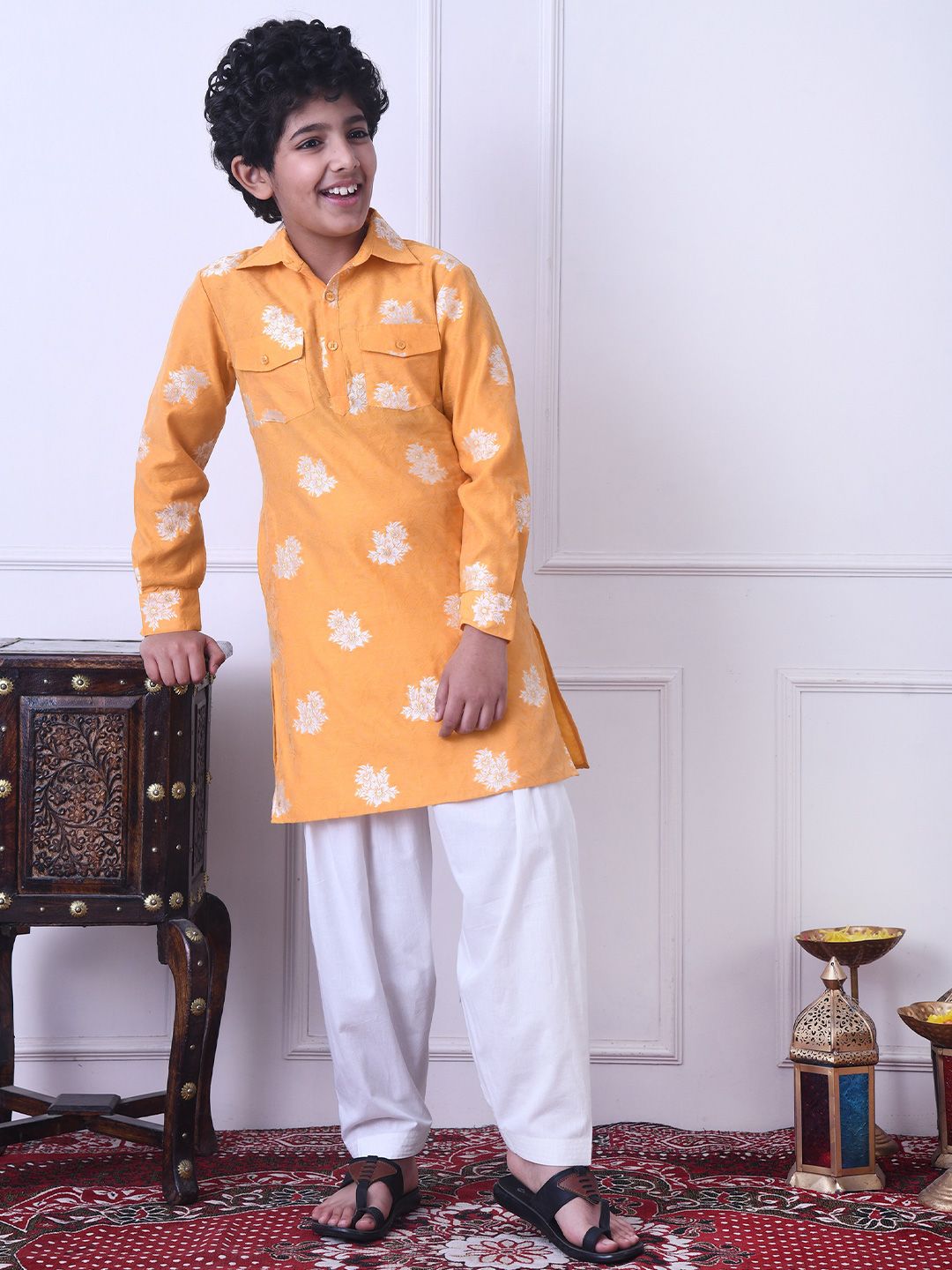Indi Loom Couture Boys Mustard Yellow Jaquard Kurta with White Salwar Set ILBKS01