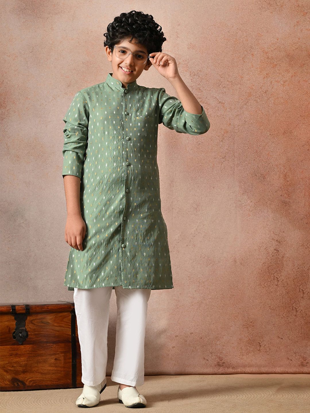 Indi Loom Couture Boys Green Chanderi Blazer Booti Kurta with Pyjama Set ILBKS37