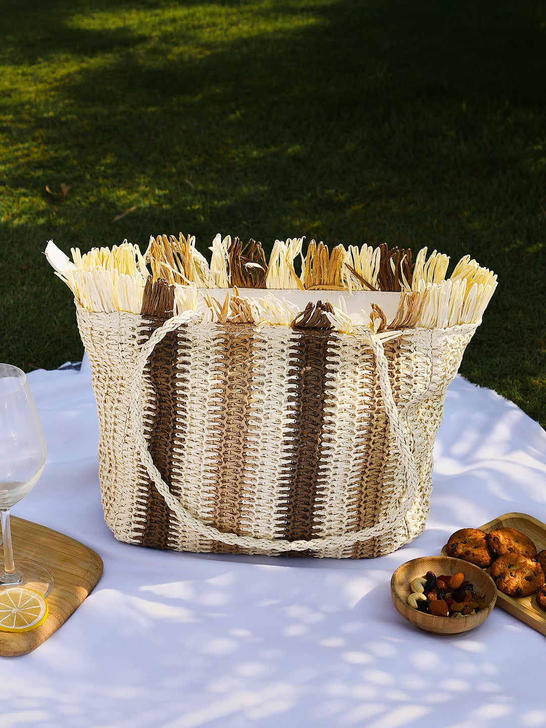 Haute Sauce - The Straw-Striped Tote Bag - Ecru Beige:Mocha Brown