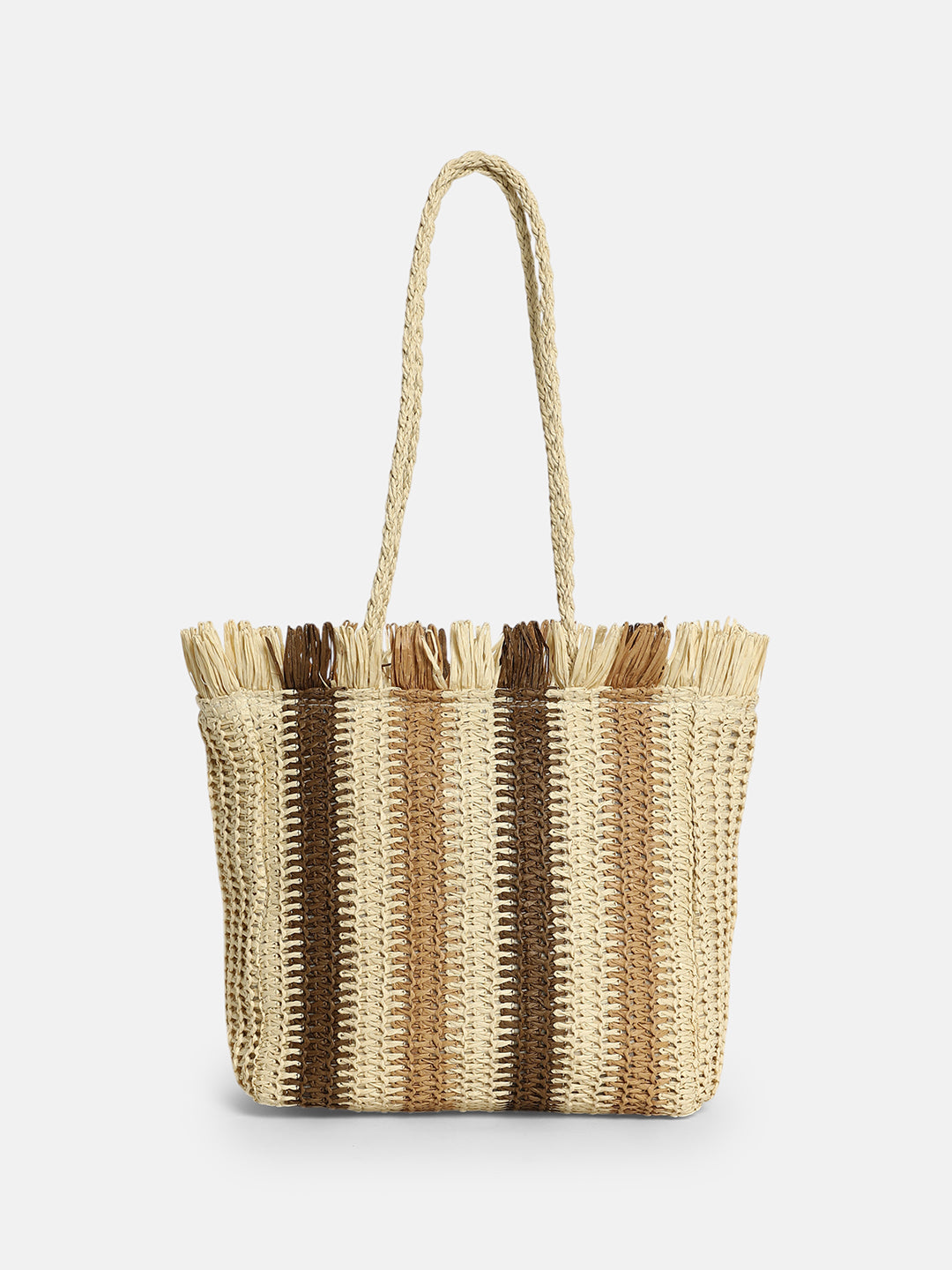 Haute Sauce - The Straw-Striped Tote Bag - Ecru Beige:Mocha Brown
