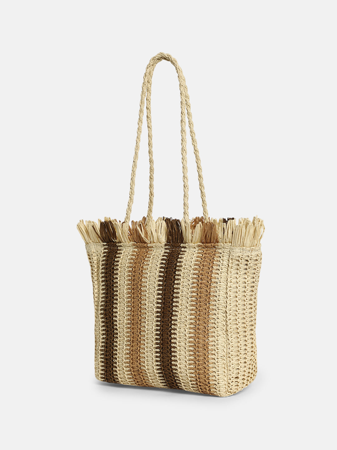 Haute Sauce - The Straw-Striped Tote Bag - Ecru Beige:Mocha Brown