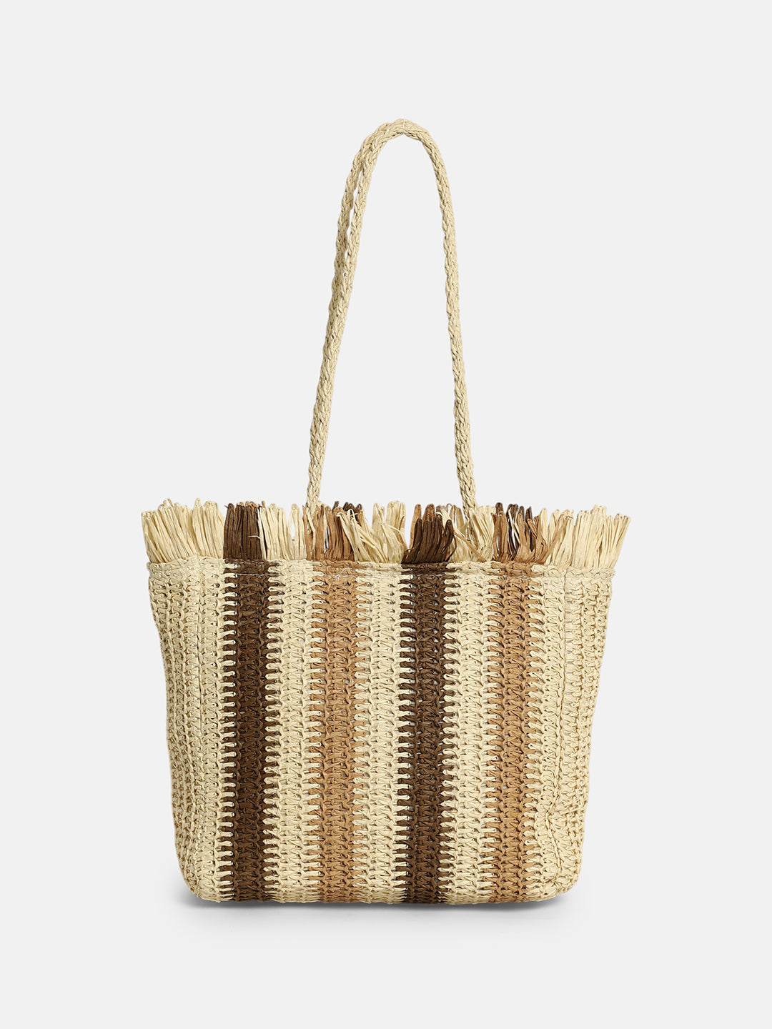 Haute Sauce - The Straw-Striped Tote Bag - Ecru Beige:Mocha Brown